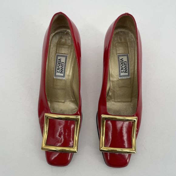Gianni Versace Size 7 Red Patent Leather High Heels RARE Gold Buckle Block Heel - Picture 2 of 11